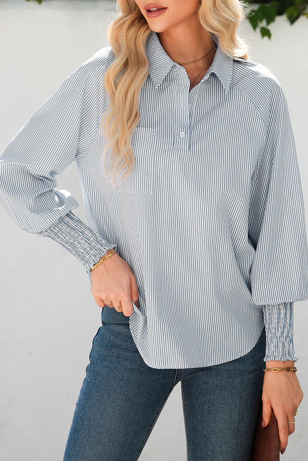 Blouse femme rayé, smocké, boutonnée, manches longues — gris