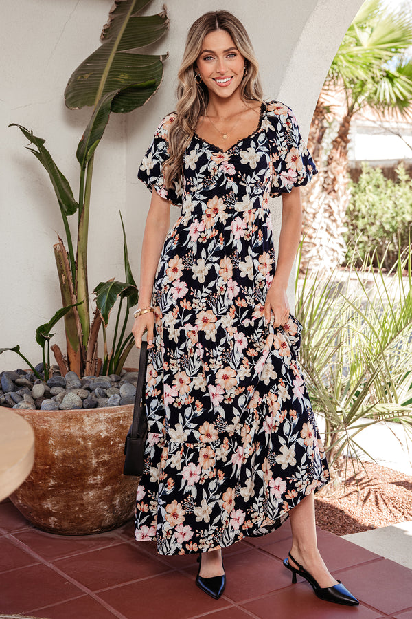 Robe longue femme floral, smocké, manches courtes, taille haute, maxi — bleu