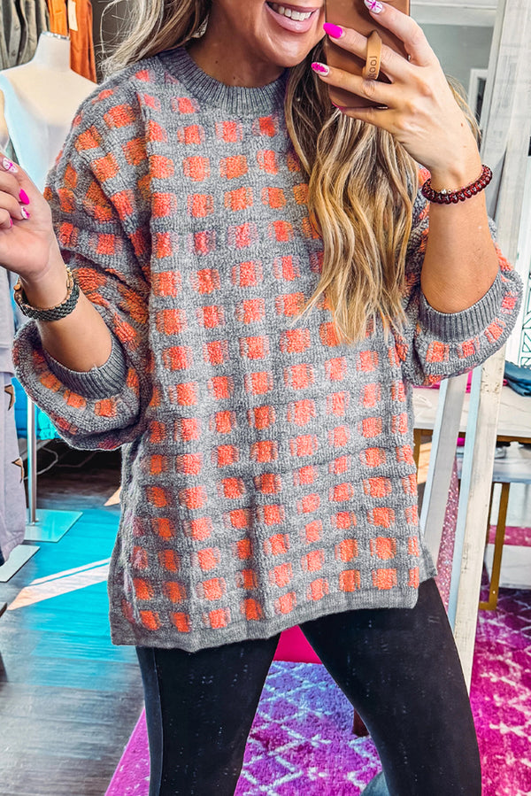 Pull femme à carreaux, oversized — rose