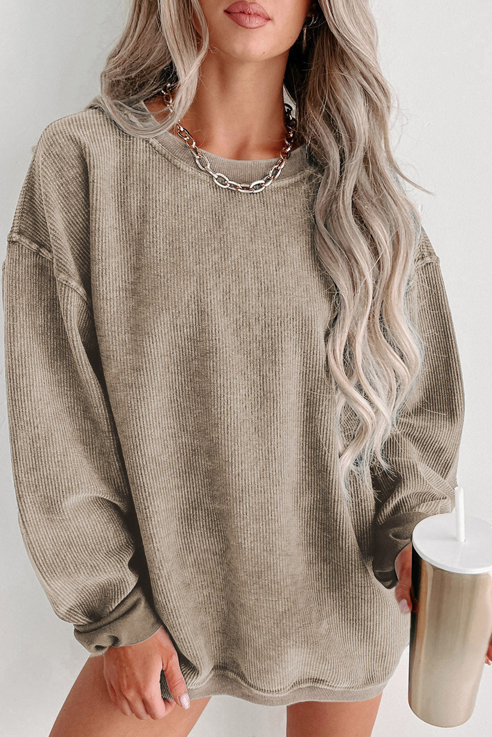 Sweat femme en maille, col rond, uni, côtelé — kaki