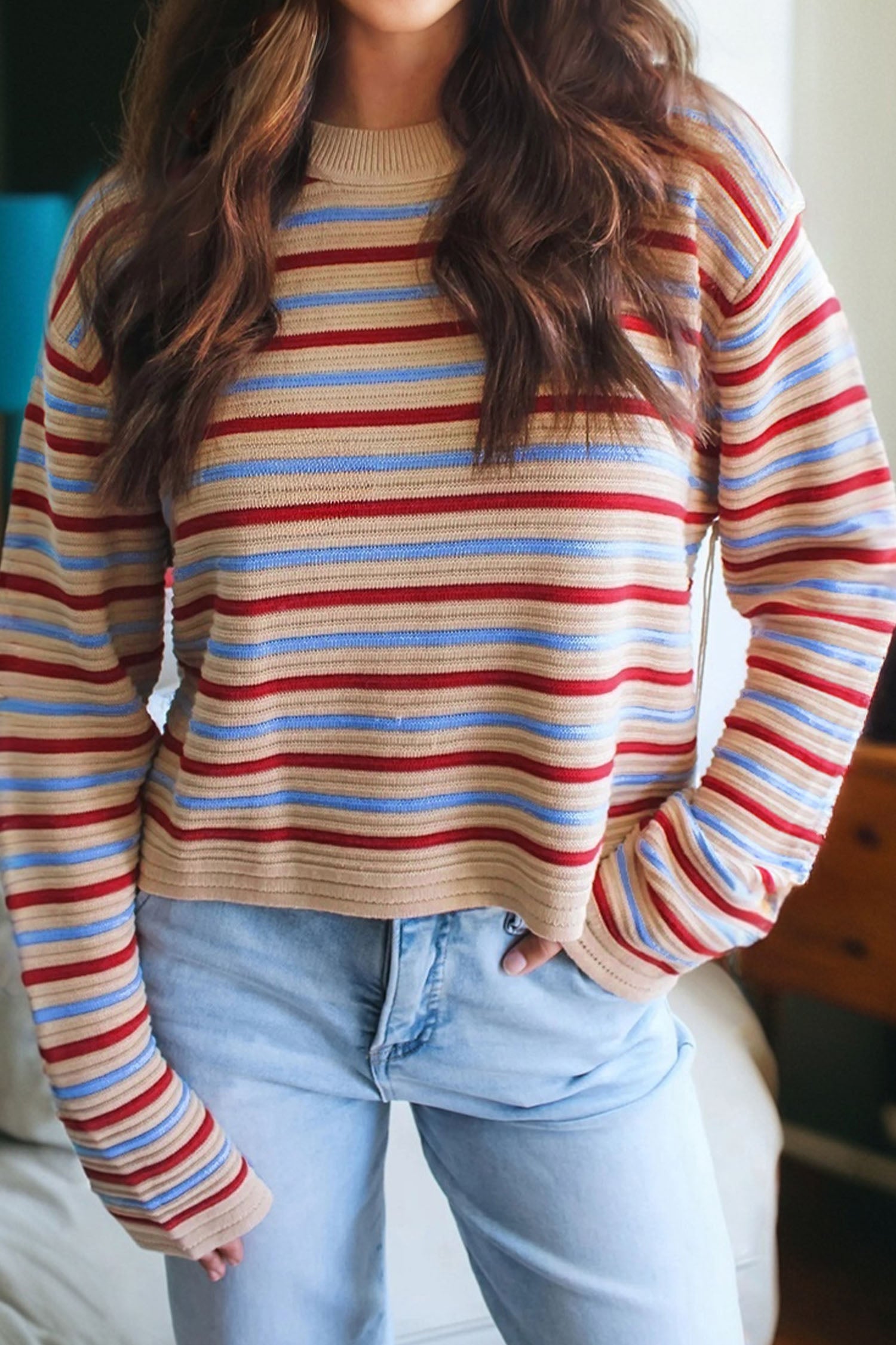 Pull femme rayé, manches longues, épaules tombantes, cropped — kaki