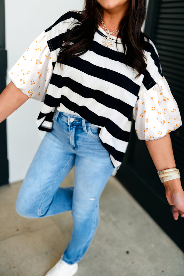 Blouse femme floral, rayé, patchwork, manches bouffantes — noir