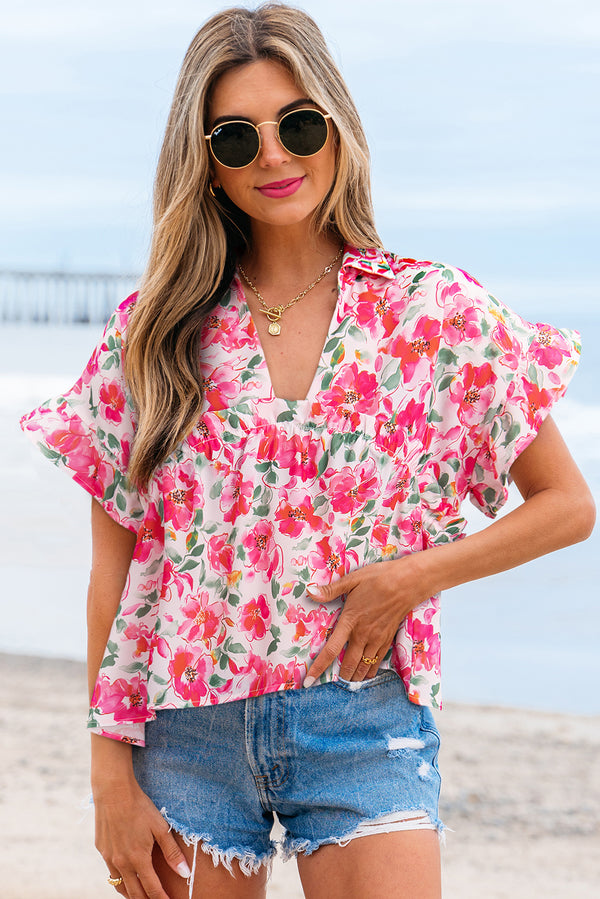 Blouse femme floral, à volants, manches courtes, col V — rose