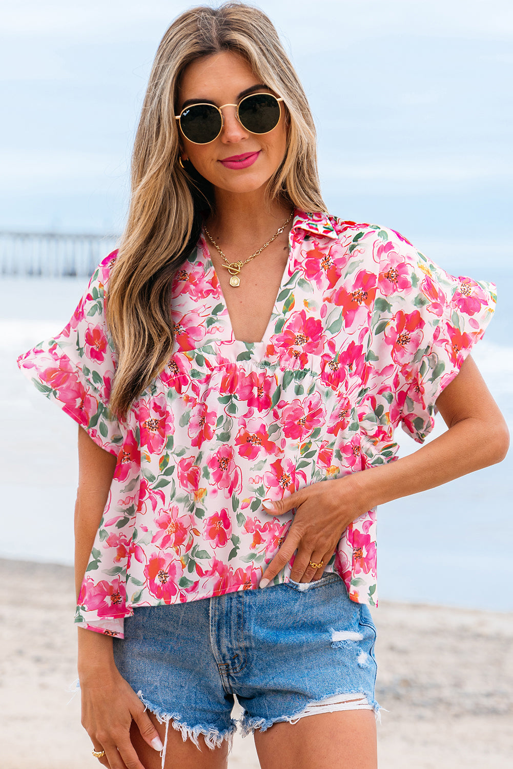 Blouse femme floral, à volants, manches courtes, col V — rose