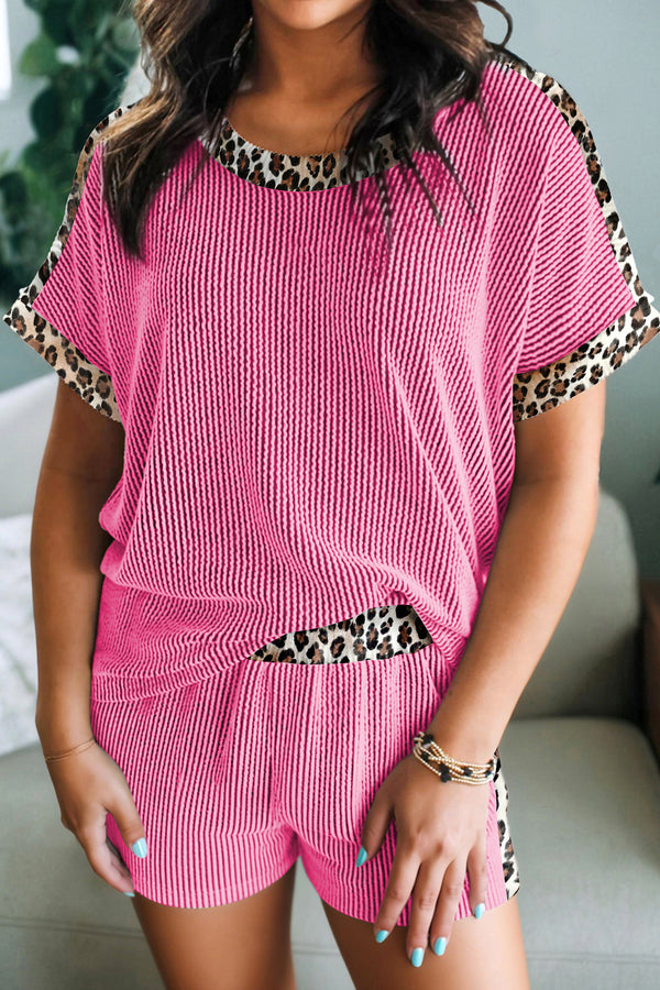 Sachet Pink Leopard Trim Twist Ribbed Short Set femme