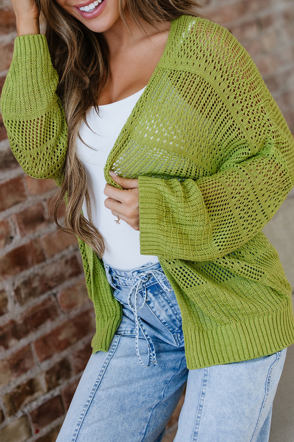 Spinach Green Oversize Crochet Knit Open Cardigan femme