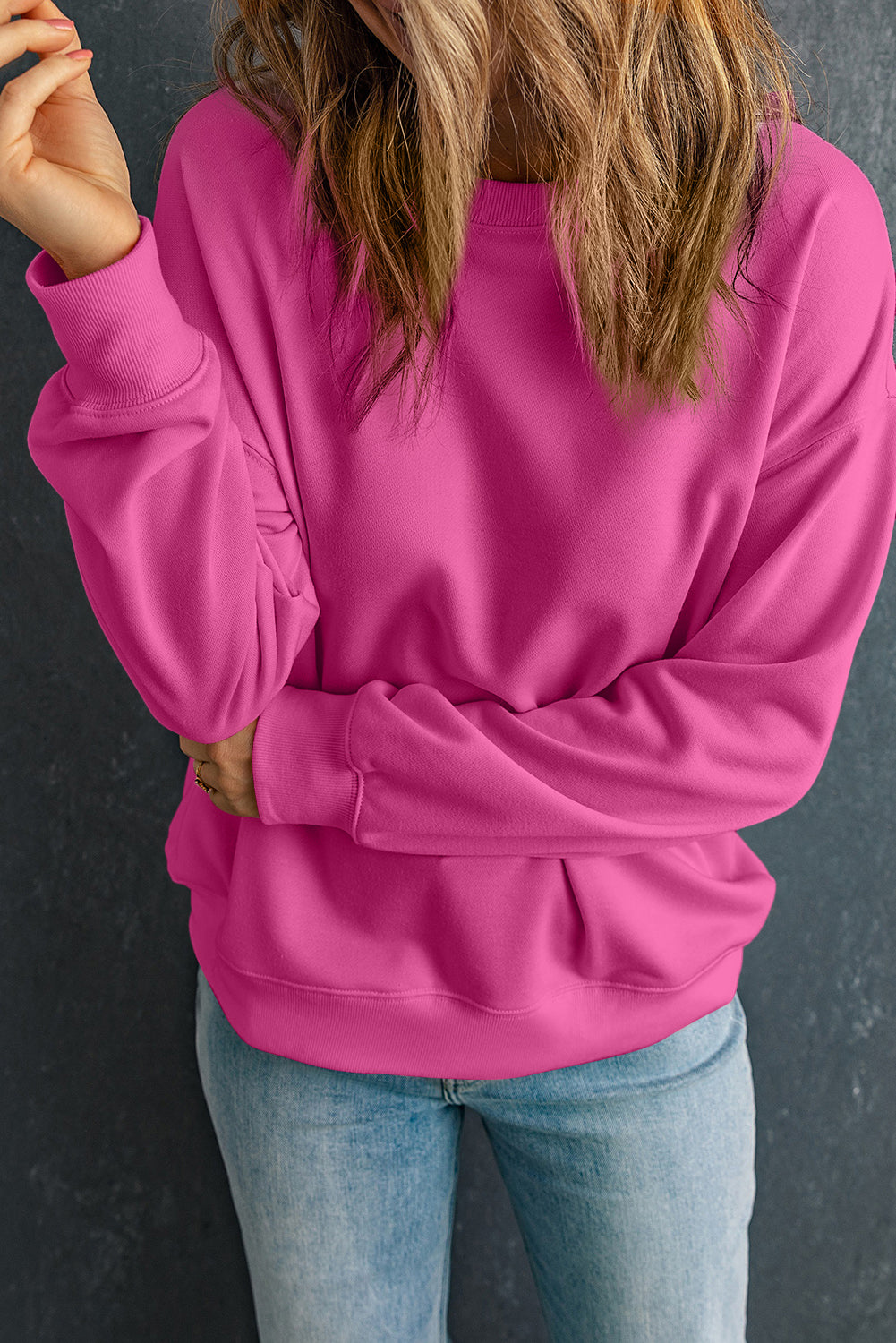 Sweat femme col rond, uni — rouge rose