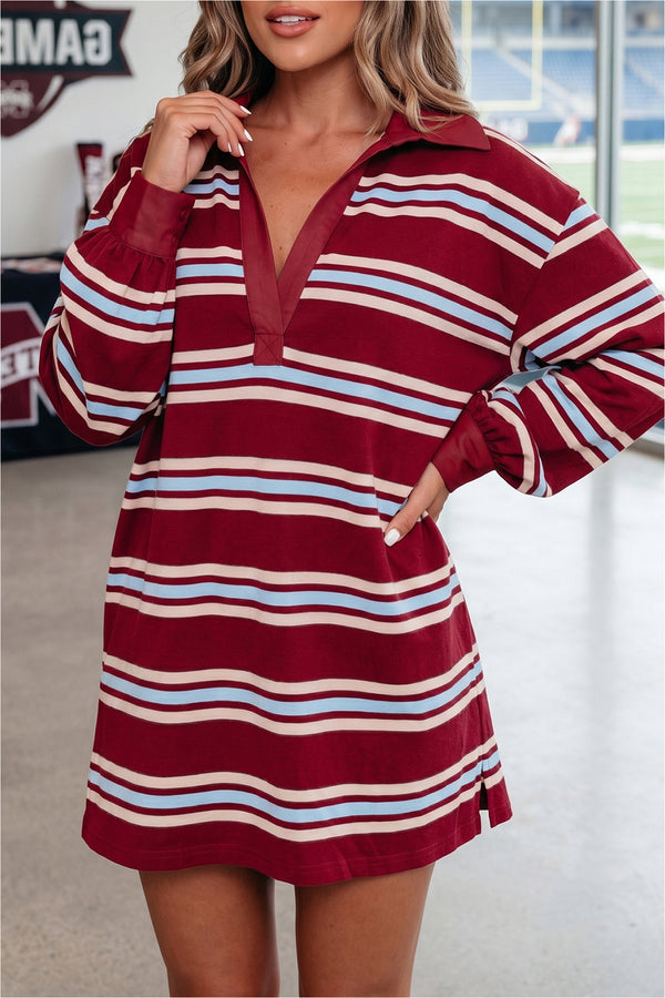 Robe courte femme rayé, manches longues — rouge