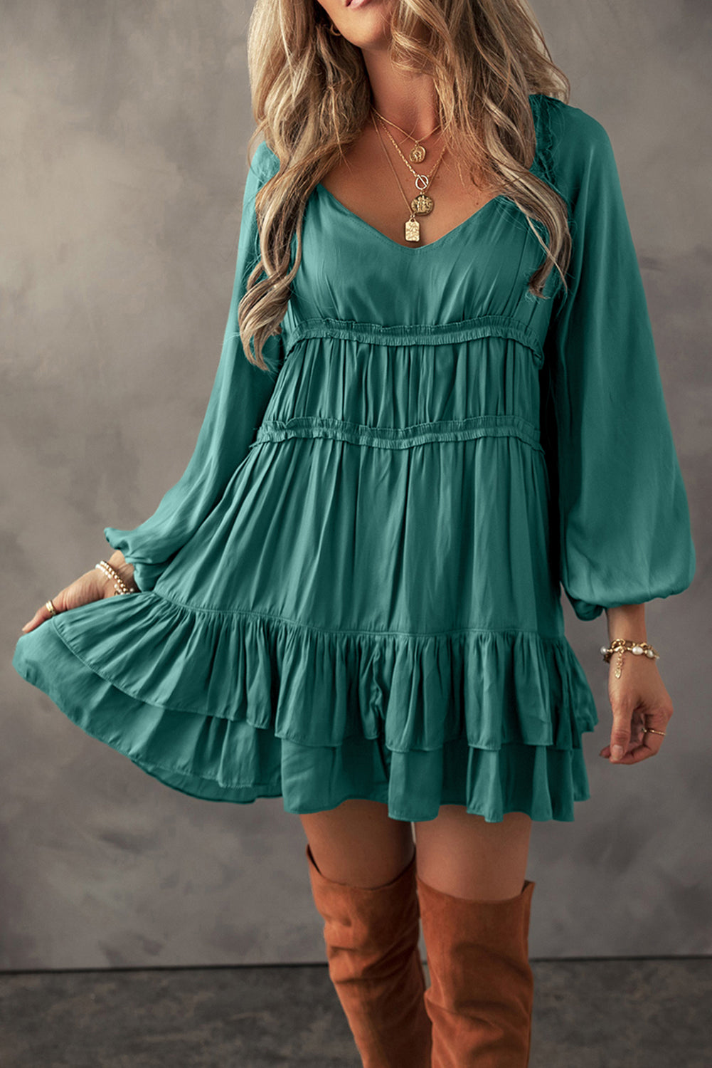 Robe courte femme à volants, à étages, manches bouffantes, ample — vert