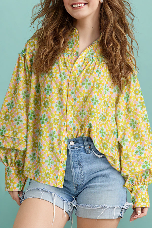 Chemise femme floral, manches bouffantes — vert