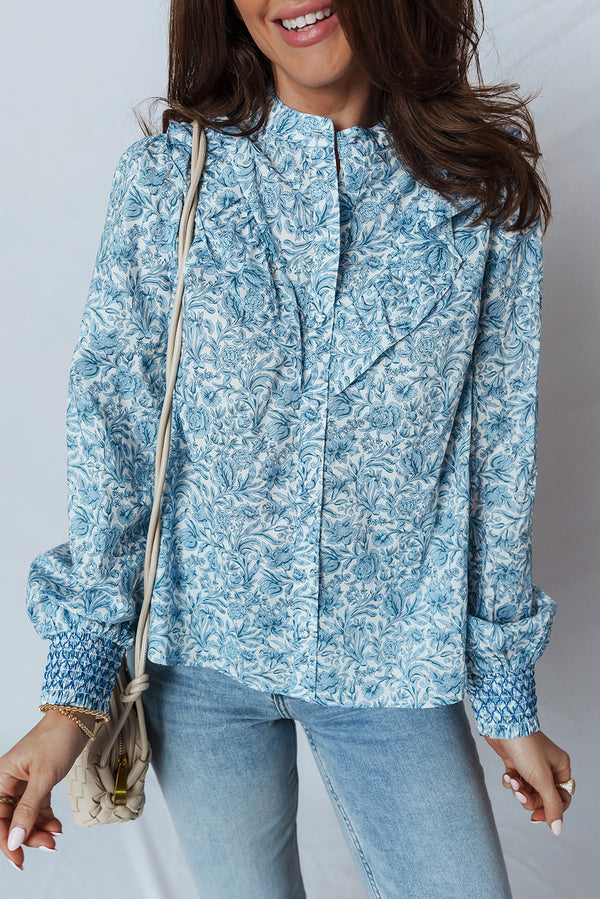 Chemise femme floral, manches bouffantes — bleu ciel