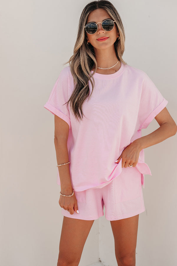 Short femme rayé, à cordon, oversized — rose