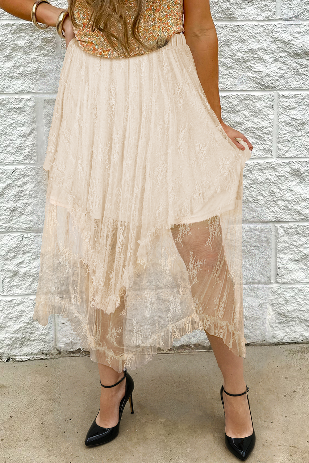 Jupe femme à étages, taille haute, maxi — abricot