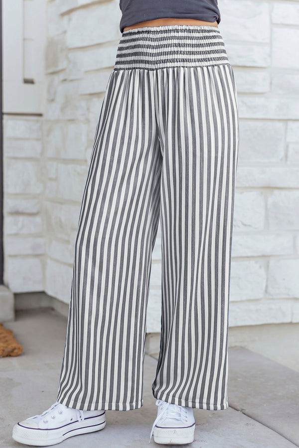 Pantalon femme rayé, smocké, taille haute, ample — noir