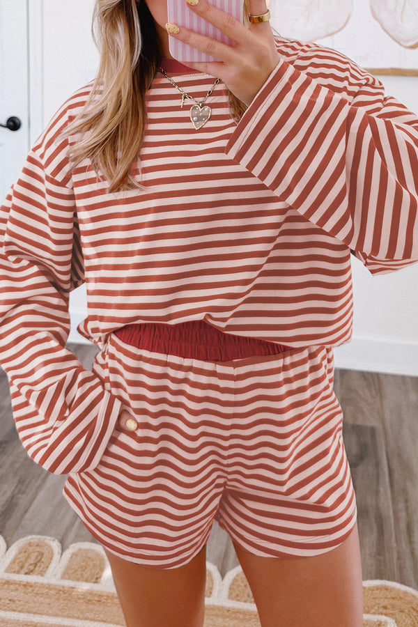 Ensemble femme rayé, manches longues, taille élastique — marron · LC629606-P1719 · LC629606-P1719-L