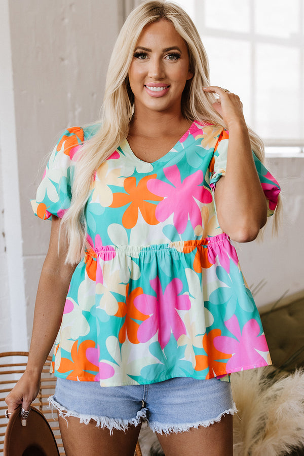 Blouse femme floral, manches ballon, col V — rose