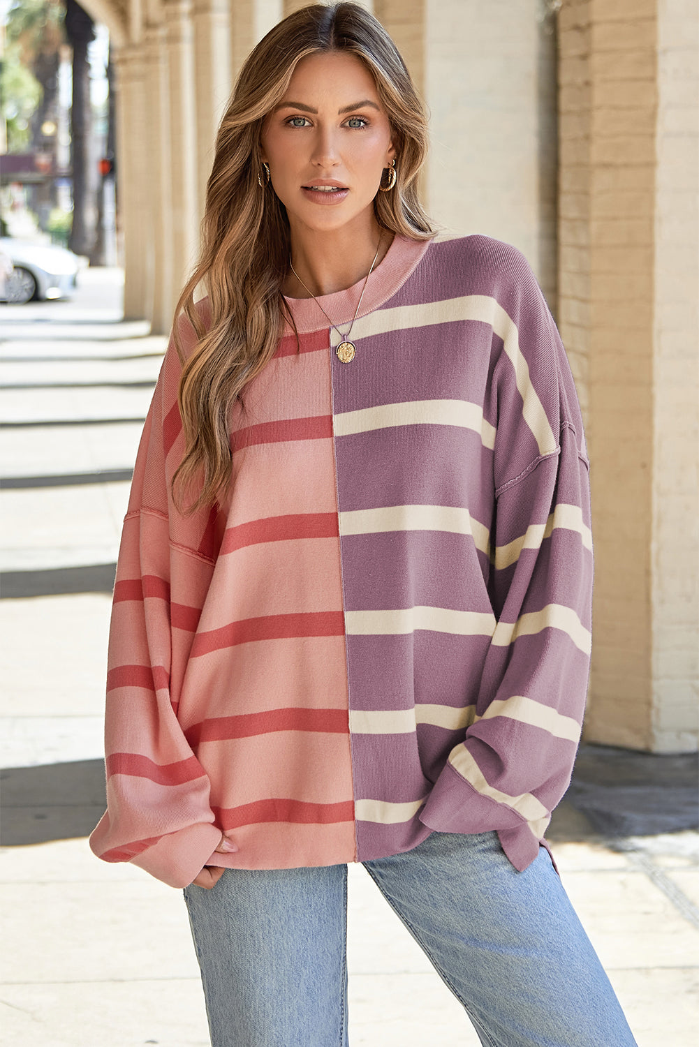 Pull femme rayé, oversized, colorblock — rose