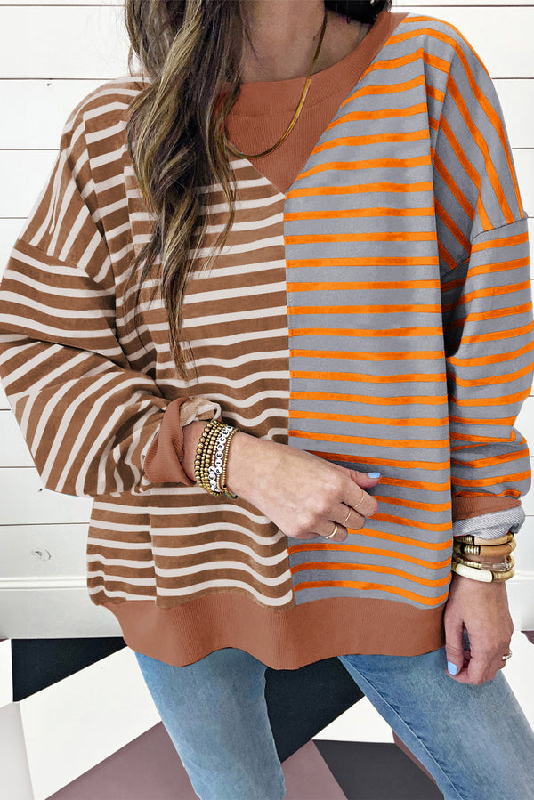 Sweat femme rayé, épaules tombantes, casual, colorblock — marron