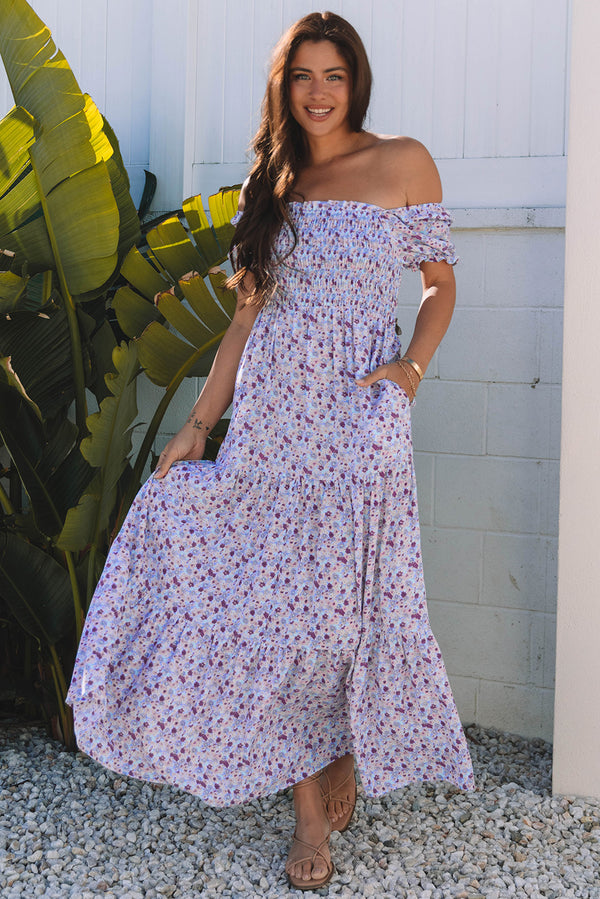 Robe longue femme floral, smocké, manches ballon, taille haute, maxi — violet