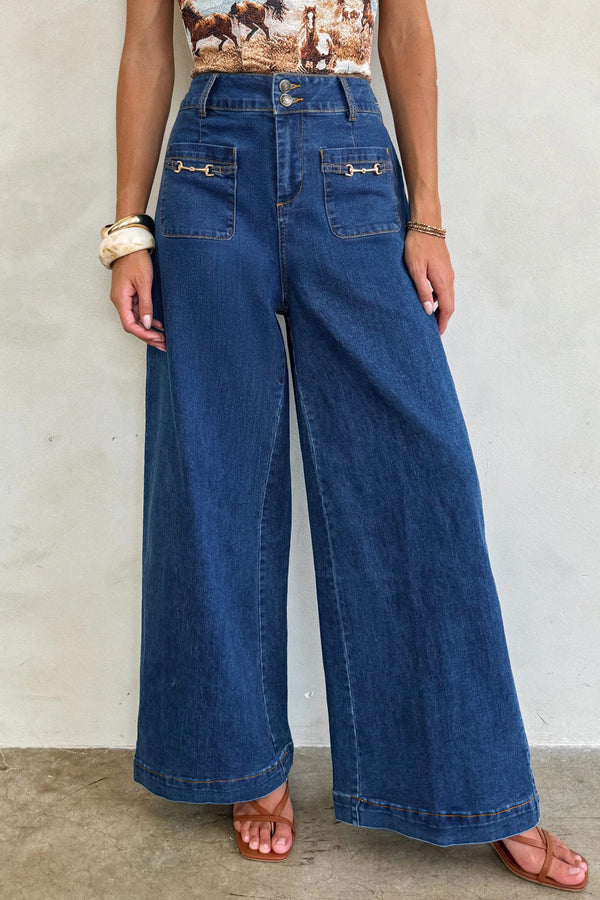 Pantalon femme poches, jambe large, denim — bleu