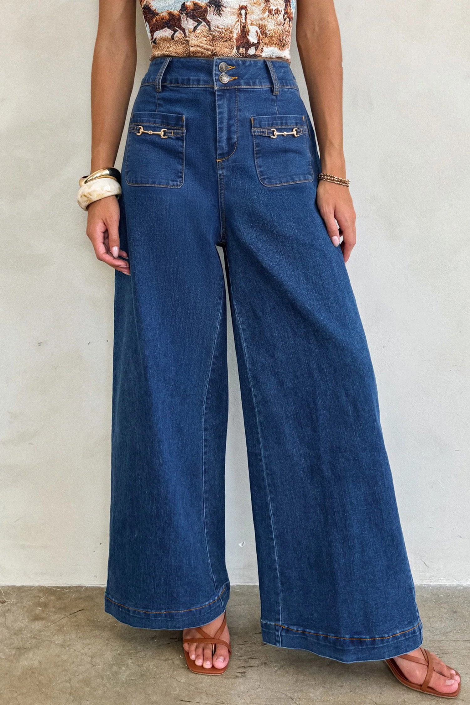 Pantalon femme poches, jambe large, denim — bleu