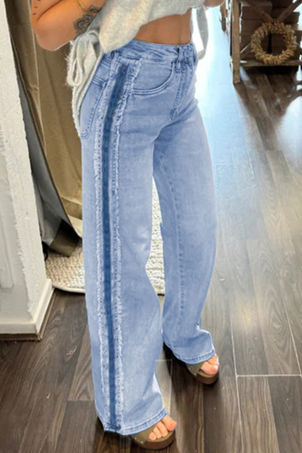 Jean femme rayé, patchwork — bleu ciel