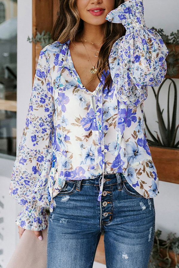 Blouse femme floral, smocké — bleu-5
