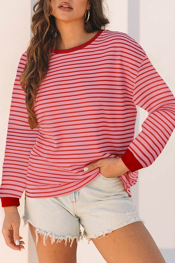 T-shirt femme rayé, manches longues, épaules tombantes, col rond — rose