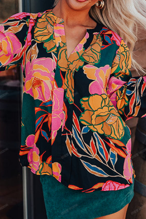 Blouse femme floral, smocké, manches bouffantes, col V — noir