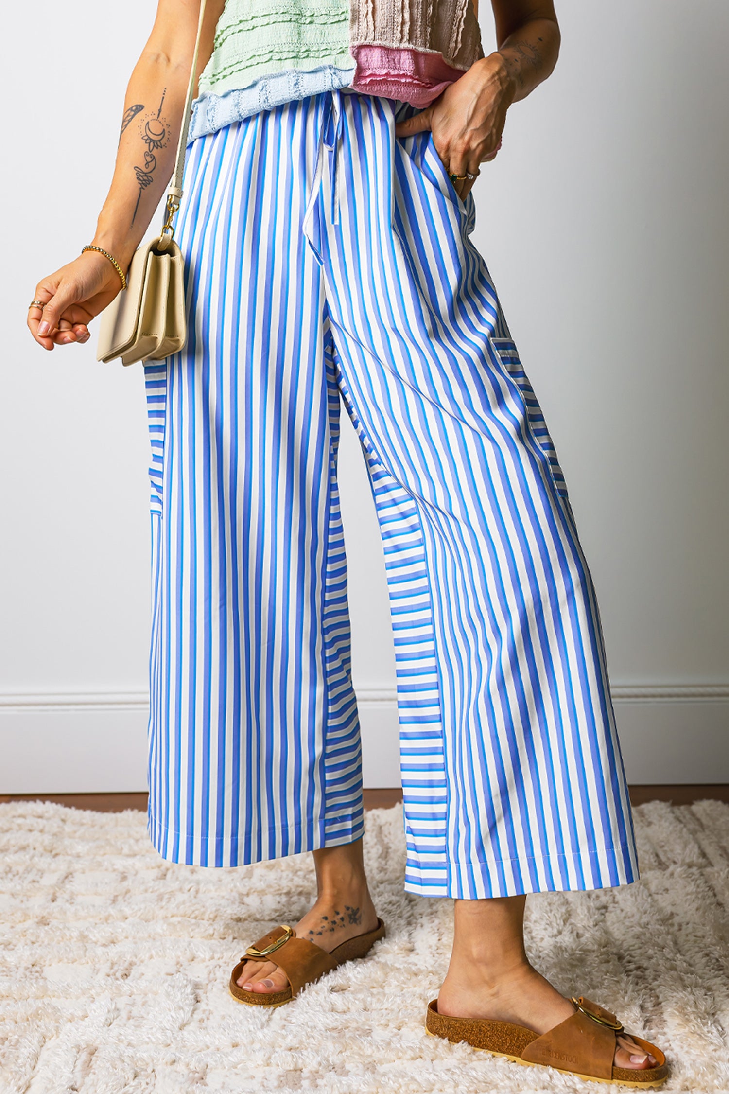 Pantalon femme rayé, à cordon, poches, taille élastique, jambe large — bleu ciel