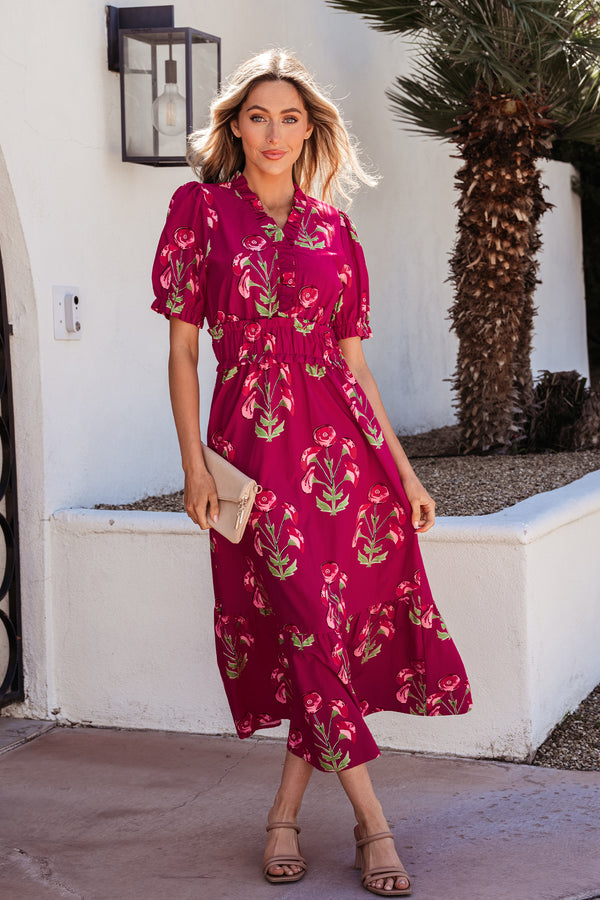 Robe longue femme floral, à volants, manches courtes, col V, maxi — rouge