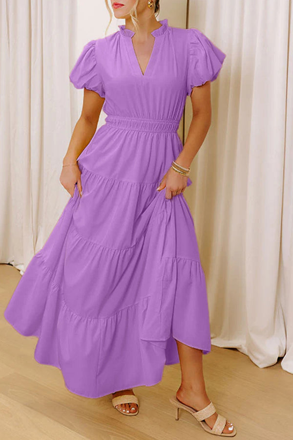 Robe longue femme à étages, manches bouffantes, col V, taille haute, uni, maxi