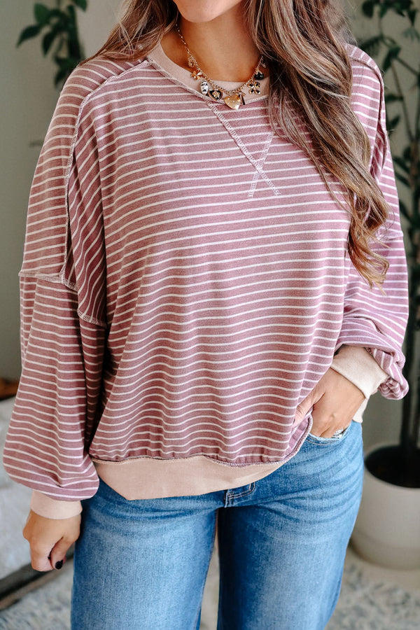 Haut femme rayé, patchwork, manches longues, casual — rose