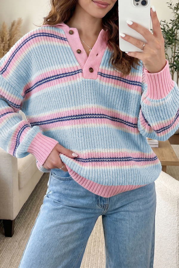 Pull femme rayé, en maille, boutonnée, manches longues — bleu ciel