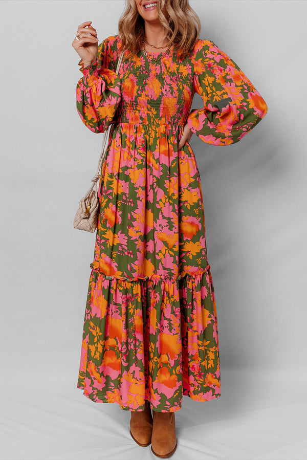 Robe femme floral, à volants, smocké, manches bouffantes — orange-P1420