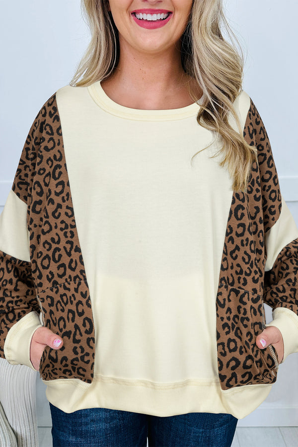 Haut femme léopard, patchwork, manches longues, colorblock — beige
