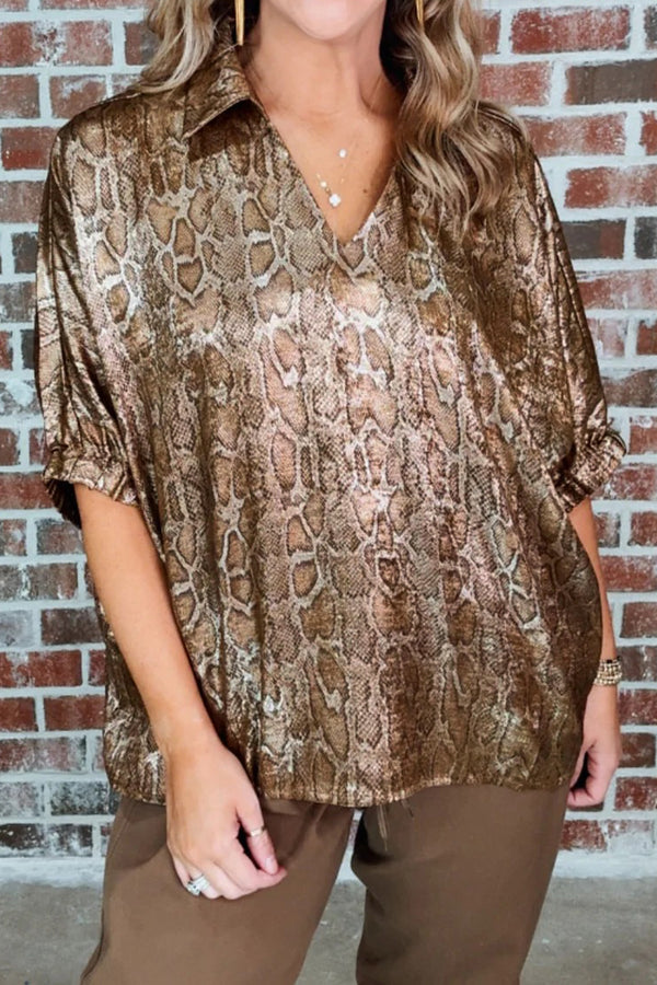 Blouse femme léopard, métallisé, manches courtes, col V — marron