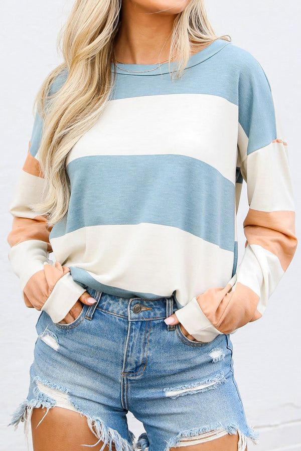 Haut femme rayé, manches longues, épaules tombantes, colorblock — bleu clair