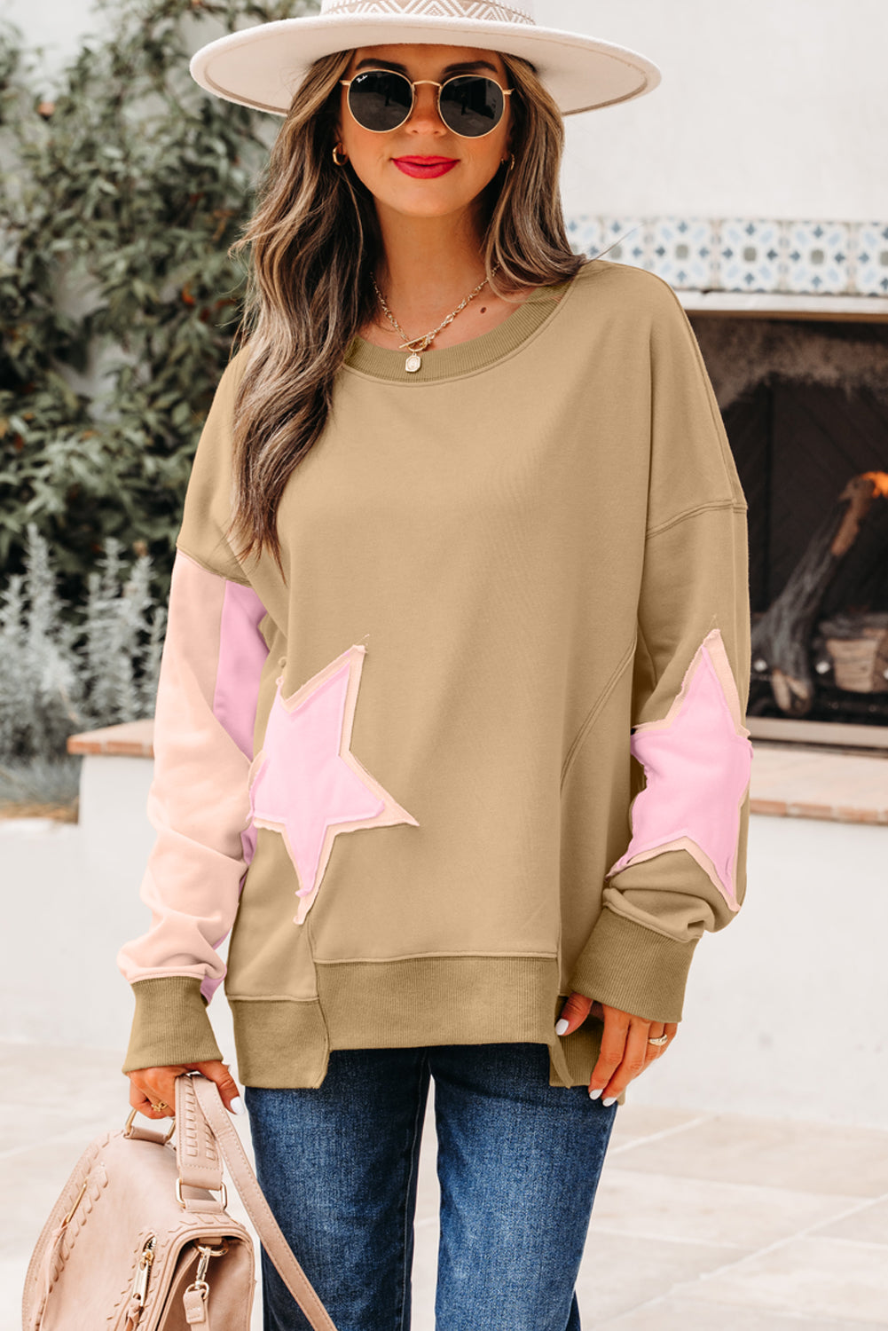 Sweat femme patchwork, épaules tombantes — vert