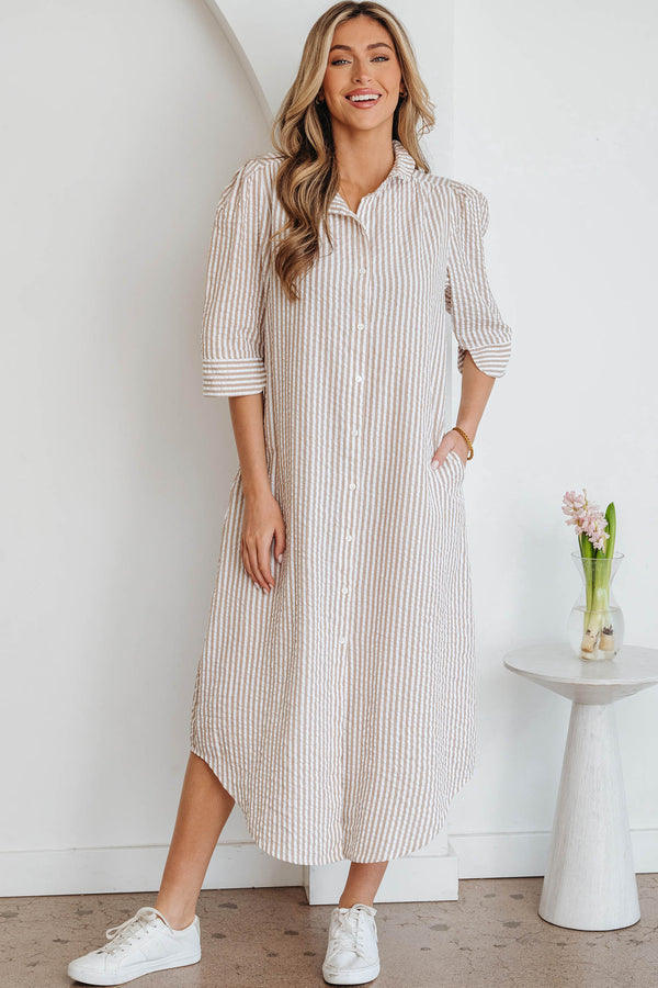 Robe longue femme rayé, manches 3/4, maxi — kaki