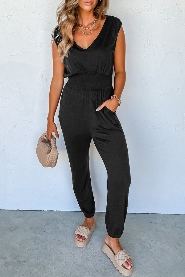 Combinaison femme smocké, sans manches, col V, taille haute — noir