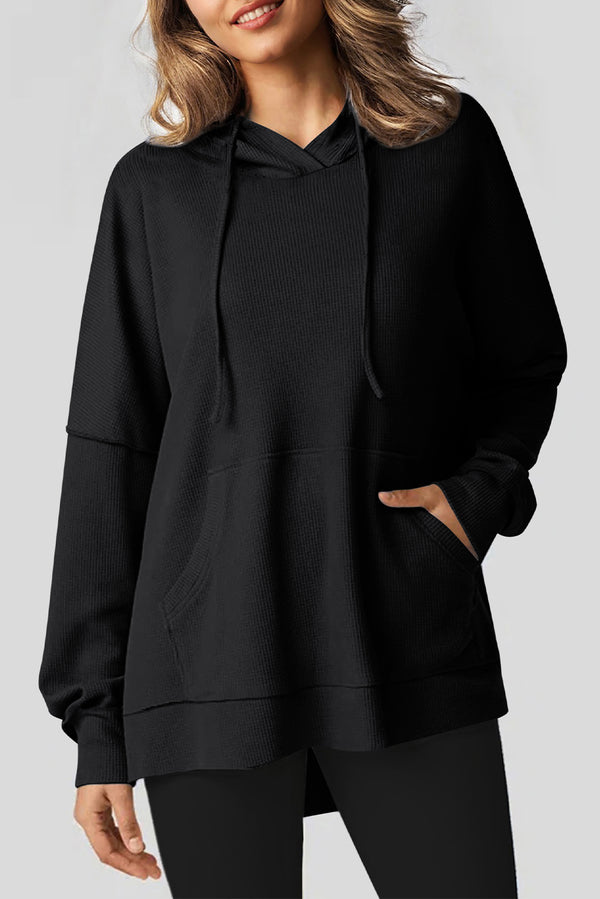 Black Waffle Knit Fleece Lined High Low Oversized Hoodie femme