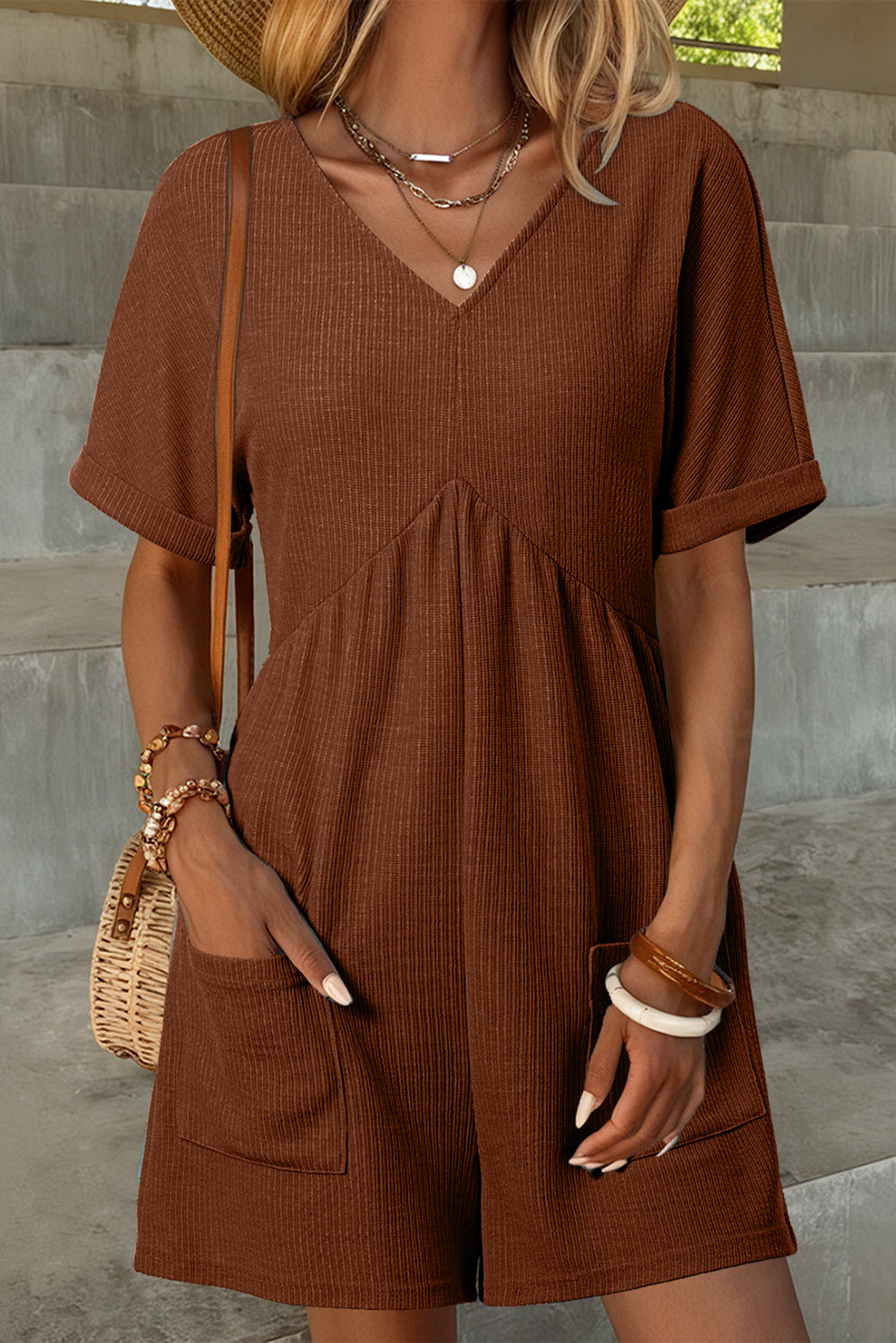 Combinaison femme en maille, zip, col V, ample, uni — café