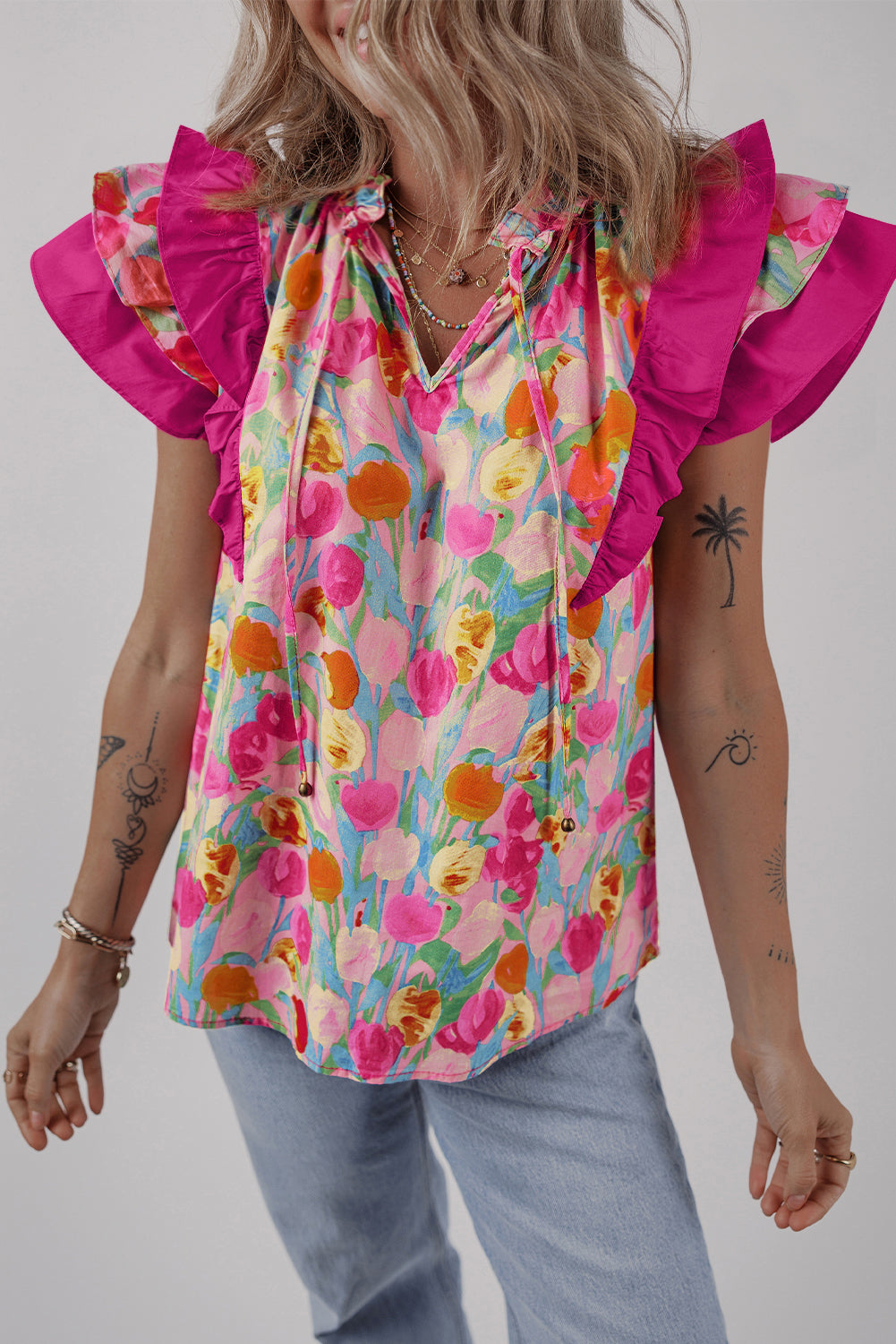 Blouse femme floral, à volants, col V — rose