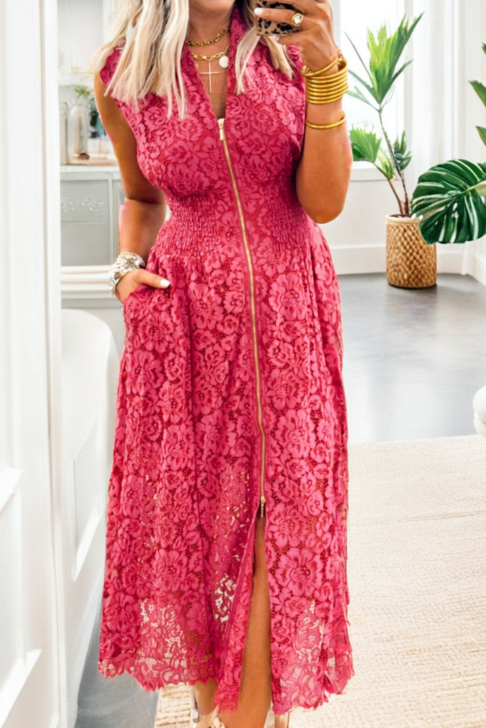 Robe femme floral, smocké, zip, sans manches, col V — corail