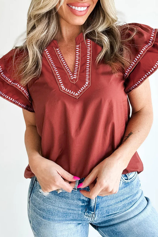 Blouse femme col V, bordure contrastée