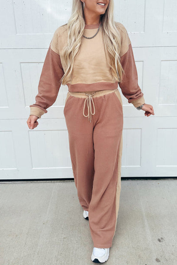 Pantalon femme à cordon, manches longues, colorblock — kaki