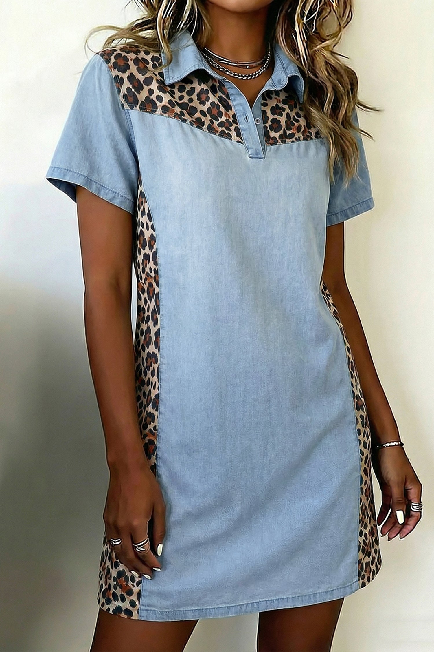 Robe courte femme léopard, patchwork, denim, colorblock