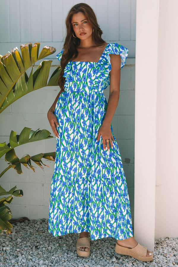 Robe longue femme floral, à volants, bretelles, maxi — bleu