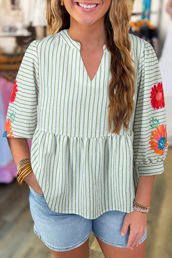 Blouse femme rayé, manches bouffantes, col V — vert